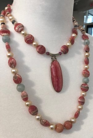 Rhodochrosite Aquamarine Two-Strand Heart Chakra Amulet