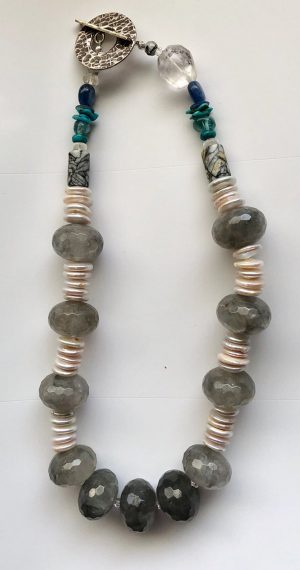 Pearl and Grey Quartz Crown Chakra Amulet