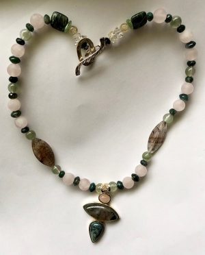 Rose Quartz, Moss Agate and Cacoxenite Power Heart Chakra Amulet